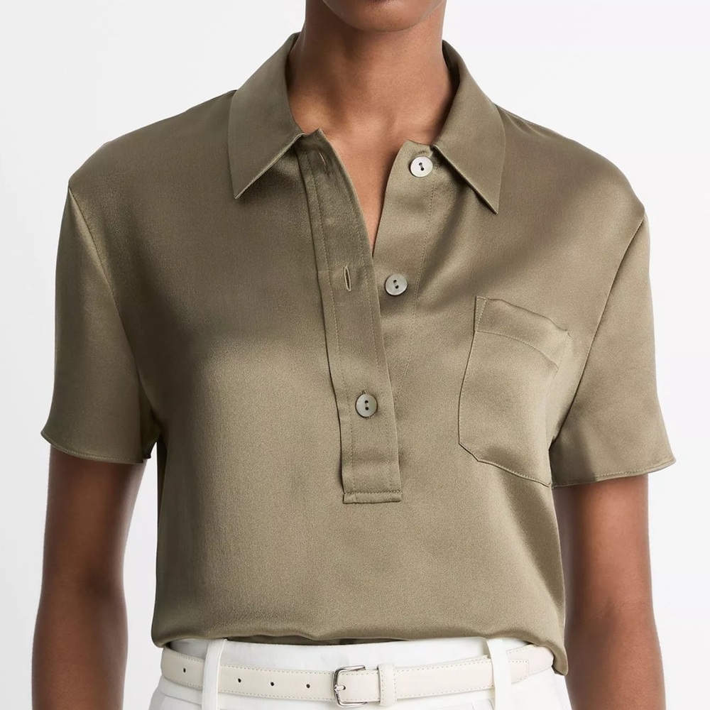 Vince Silk Short-Sleeve Polo Shirt SMALL moss smoke green VINCE Silk Satin Polo